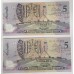AUSTRALIA 1992 . FIVE 5 DOLLAR BANKNOTES . COLE/FRASER . CONSECUTIVE PAIR . LAST PREFIX AB19